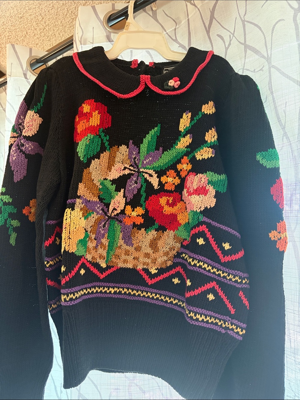 1988 Berek Black Floral Basket Knit Sweater with Peter Pan Collar